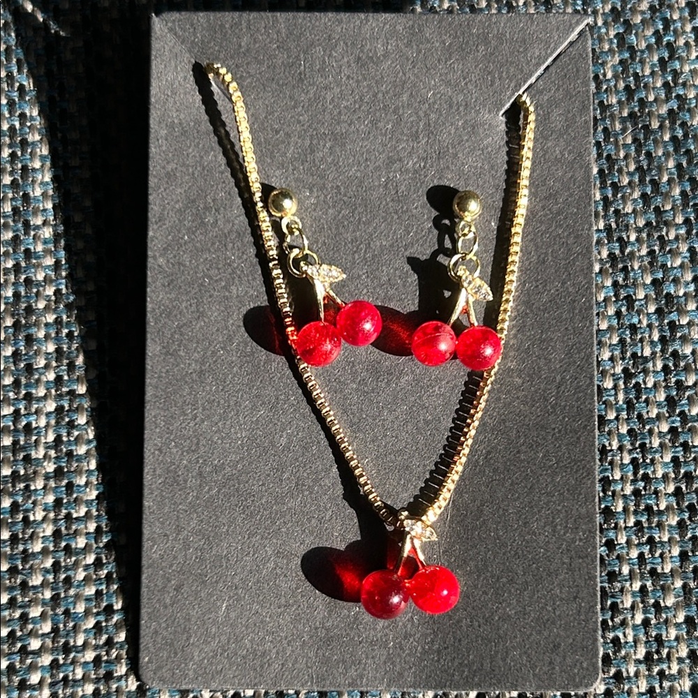 Gold and Red Cherry Jewelry Set